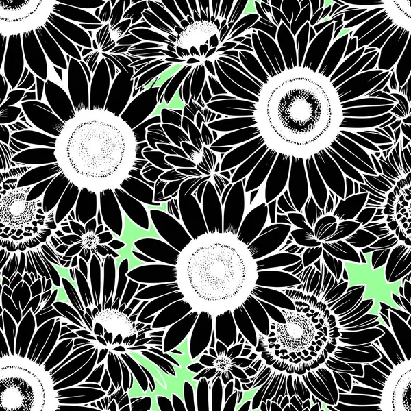 Yeşil arkaplan, doku, tasarım üzerinde pürüzsüz siyah ve beyaz çiçek deseni