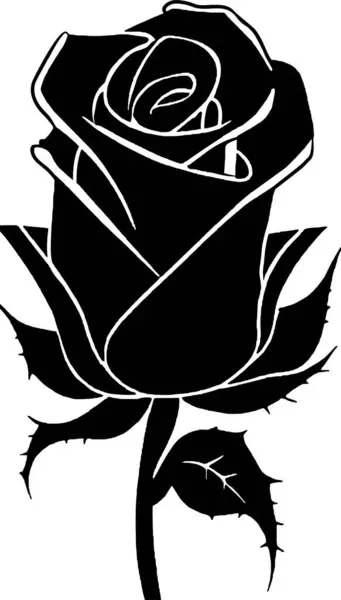 black graphic drawing of a rose flower with leaves, monochrome, decorative element