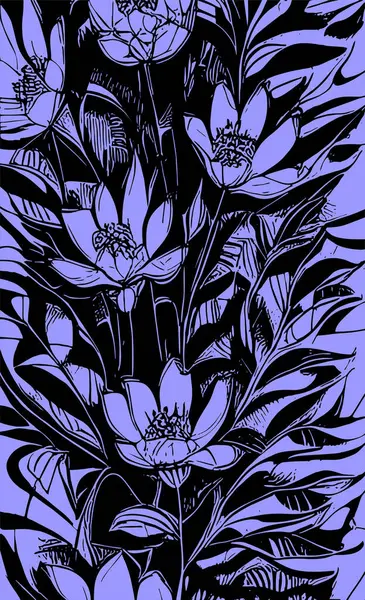 blue graphic contour drawing of a bouquet of flowers on a black background, design