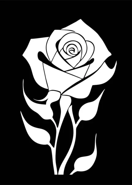 white graphic drawing of a rose flower with leaves on a black background, logo