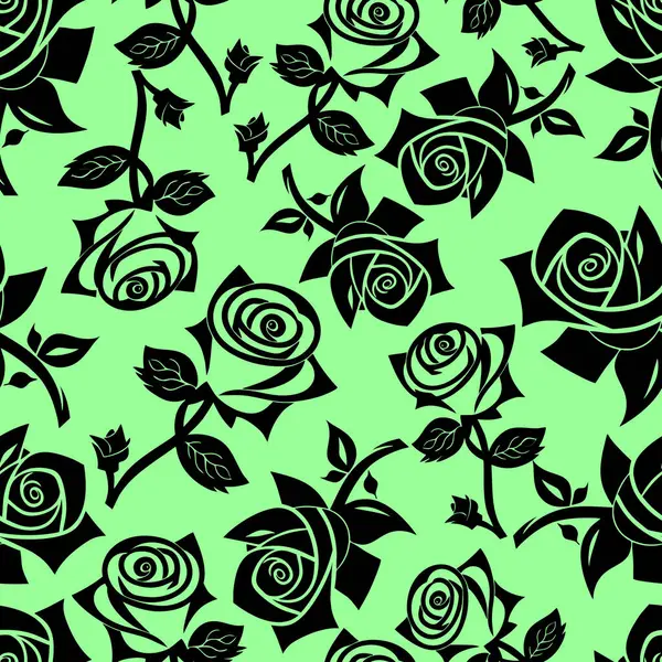 seamless graphic floral pattern black roses on green background, texture, design