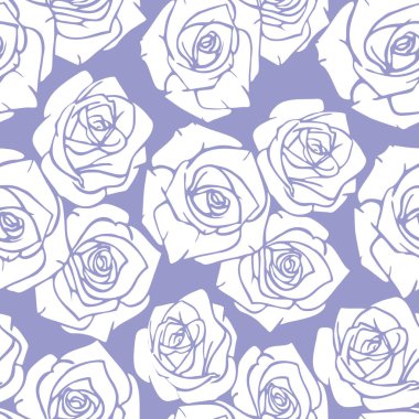 Mavi arkaplan, doku, tasarım üzerinde beyaz gül siluetlerinin kusursuz grafik deseni