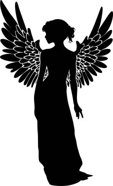 Kanatları, logosu ve dövmesi olan basit bir kadın çizimi.