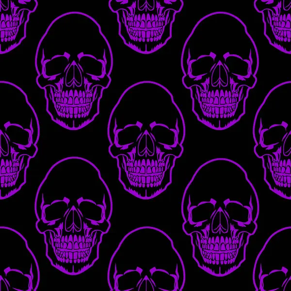 seamless symmetrical pattern of purple human skulls on a black background, texture, design