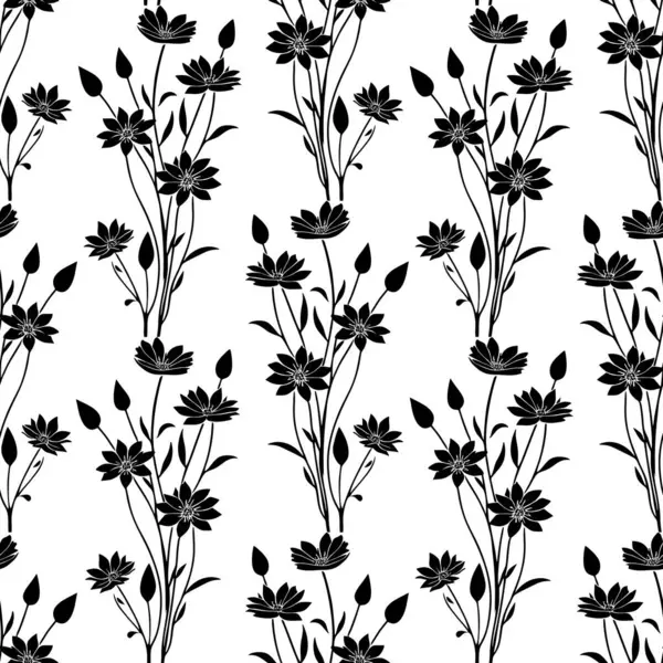 seamless black graphic floral pattern on white background, texture