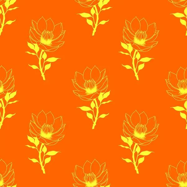 seamless symmetrical pattern of yellow graphic magnolia flowers on an orange background, texture, design
