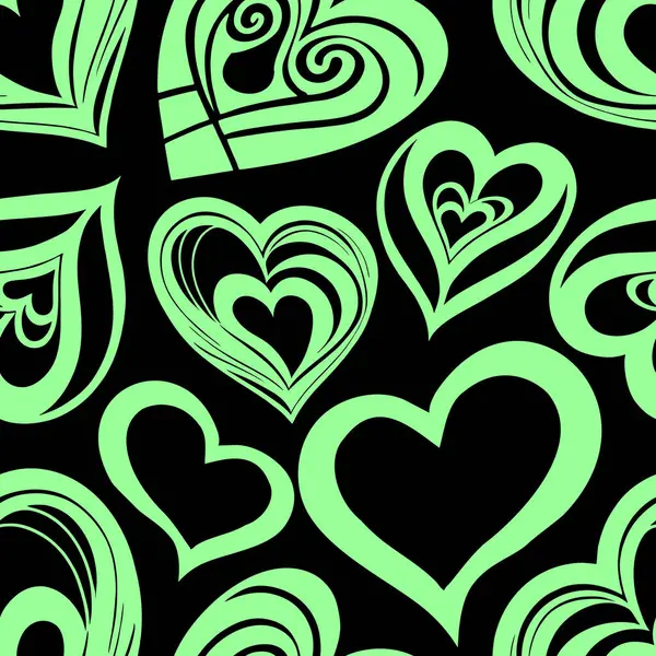seamless graphic pattern of green hearts on a black background, texture, design