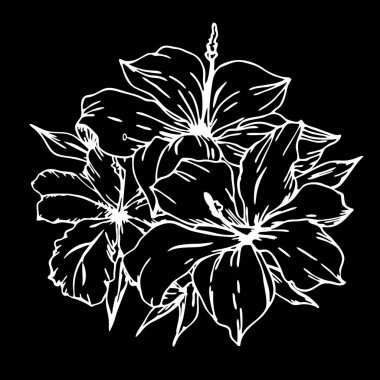 Siyah arka planda bir buket çiçeğin beyaz grafik çizimi, tasarım