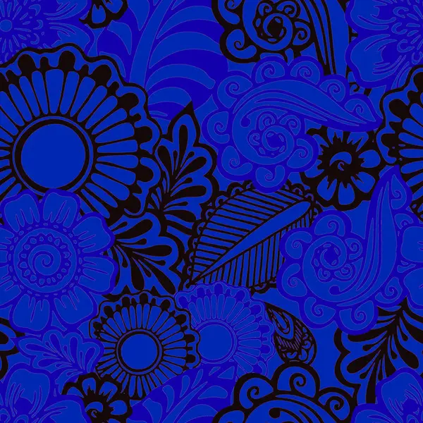 seamless floral graphic pattern of black and blue elements on a blue background, texture, design