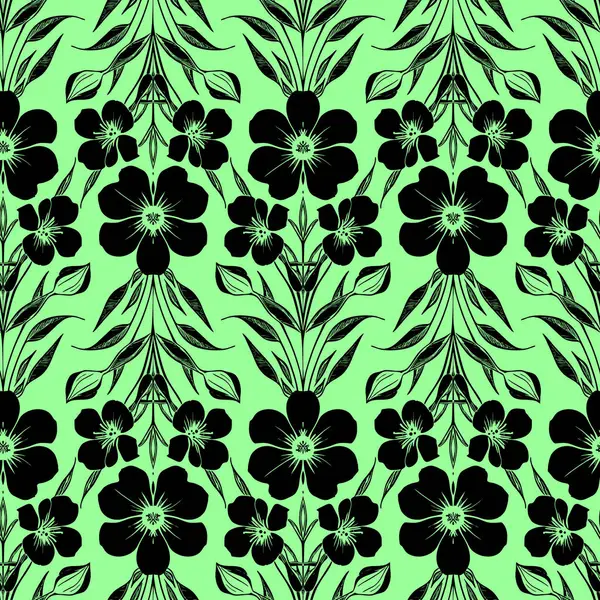 seamless black graphic floral pattern on green background, texture