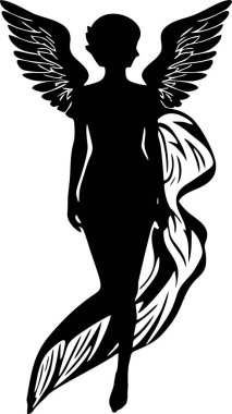 Kanatları, logosu ve dövmesi olan basit bir kadın çizimi.