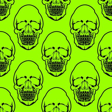 Yeşil arka plan, doku ve tasarım üzerinde siyah insan kafataslarının kusursuz simetrik deseni.