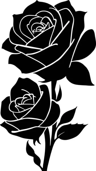 Yapraklı, tek renkli, dekoratif elementli bir gül çiçeğinin siyah grafik çizimi