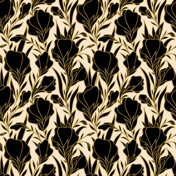 seamless pattern of large black flower buds with a golden outline on a beige background, bright floral texture, design