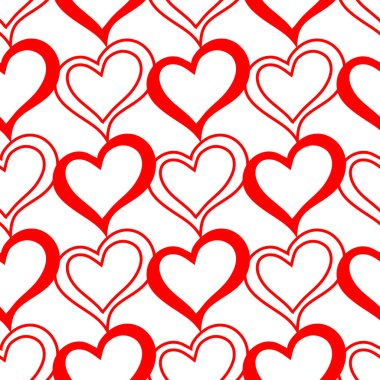 Beyaz zemin, doku ve dizayn üzerinde kırmızı kalplerin kusursuz grafiksel deseni