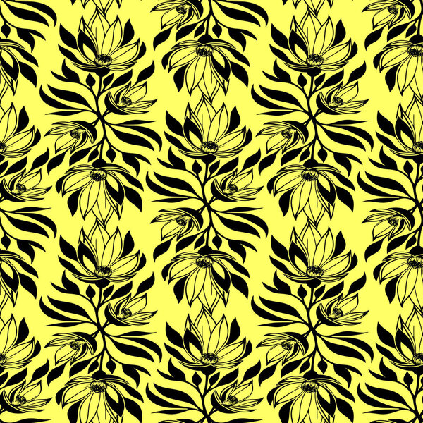 seamless black graphic floral pattern on yellow background, texture