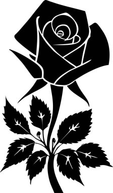 Yapraklı, tek renkli, dekoratif elementli bir gül çiçeğinin siyah grafik çizimi