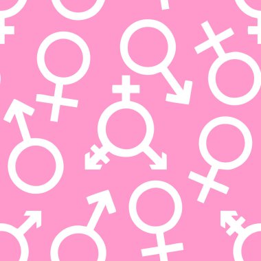 Pembe arkaplan ve dokuda beyaz cinsiyet simgelerinin kusursuz deseni