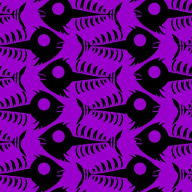 Mor arkaplan, doku, tasarım üzerinde siyah balık iskeletlerinin kusursuz deseni