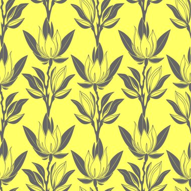 Sarı arkaplan ve dokuda pürüzsüz gri renkte çiçek deseni