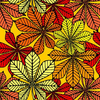 bright autumn seamless pattern of chestnut yellow and red leaves on a yellow background, texture, design