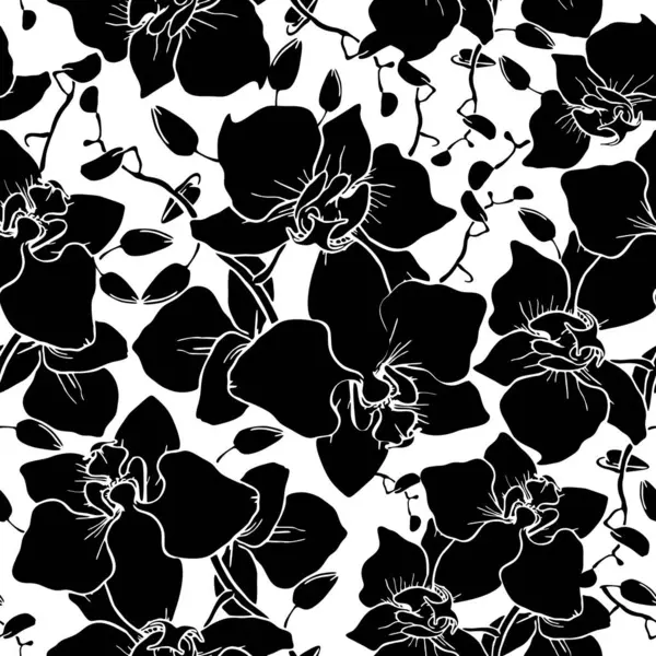 Beyaz arka plan, doku ve tasarım üzerinde büyük siyah orkide siluetleri kusursuz desen