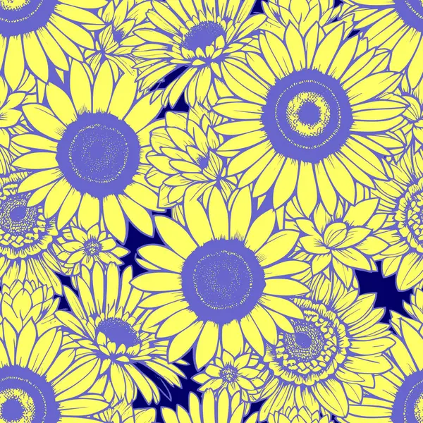 Koyu mavi arka plan, doku ve dizayn üzerine mavi çizgili kusursuz sarı papatya deseni.