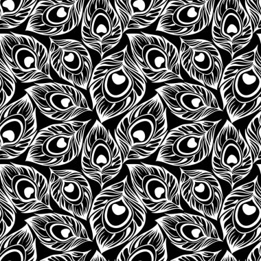 seamless contour pattern of white peacock feathers on a black background, texture, design