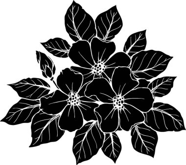 black drawing silhouette of a branch of flowers on a white background, logo, art