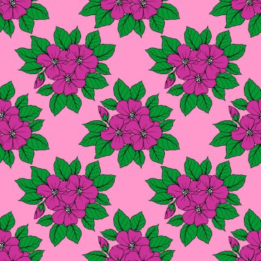 Pembe arka plan, doku ve dizayn üzerinde büyük mor çiçeklerin kusursuz deseni.