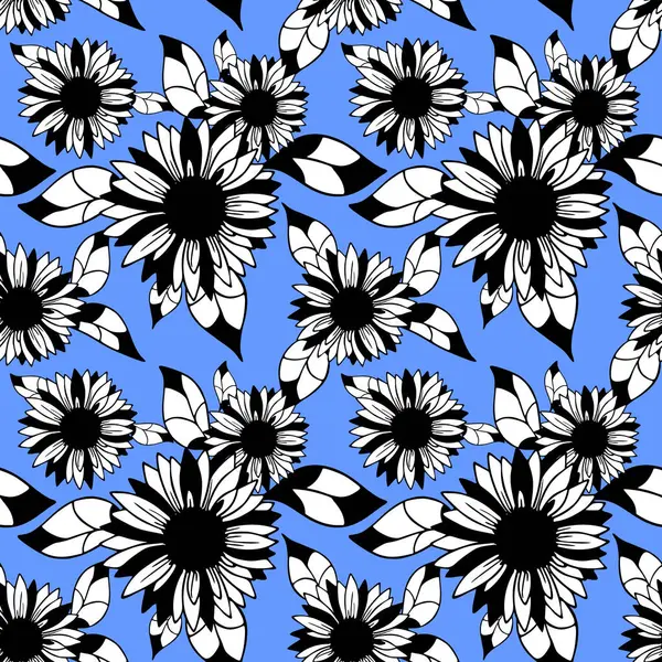 Mavi arkaplan, metin, tasarım üzerinde siyah ve beyaz grafik çiçeklerinin kusursuz deseni