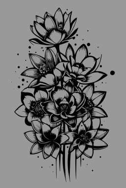 Gri arkaplanda bir buket çiçeğin siyah grafik çizimi, tasarım, sanat