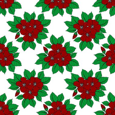 Beyaz arkaplan, doku ve dizayn üzerinde büyük kırmızı çiçeklerin kusursuz deseni