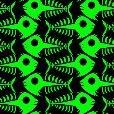 Siyah arkaplan, doku, tasarım üzerinde yeşil balık iskeletlerinin kusursuz deseni