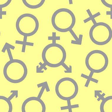 Sarı arkaplan ve dokuda gri cinsiyet simgelerinin pürüzsüz deseni