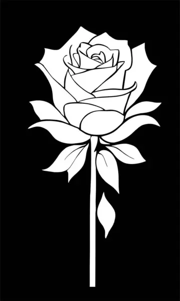 Siyah arka planda yaprakları olan bir gül çiçeğinin beyaz grafik çizimi, logo