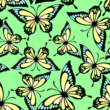 seamless pattern of bright colored butterflies on a green background, texture, design
