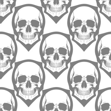 Beyaz arka plan, doku ve tasarım üzerinde gri insan kafataslarının kusursuz simetrik deseni.