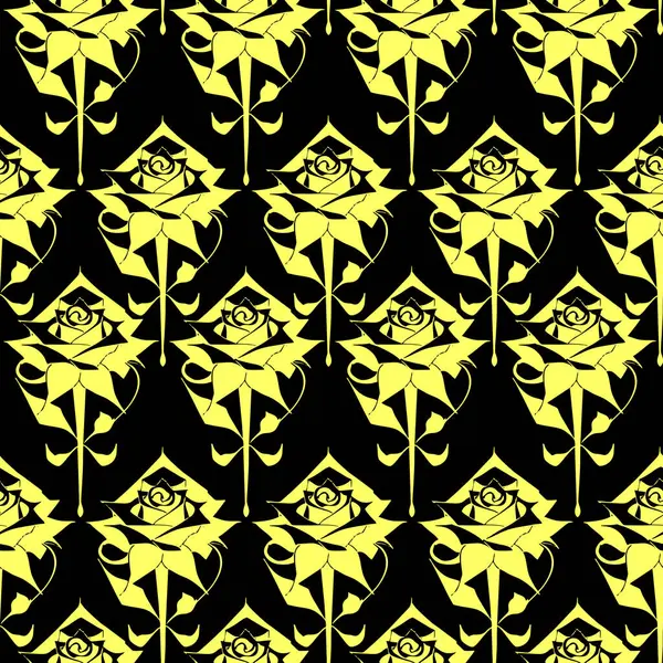 Kusursuz grafik desenli sarı güller siyah arkaplan, doku, tasarım