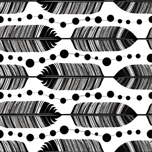 Beyaz arkaplanda siyah ve gri kuş tüylerinin ve boncukların pürüzsüz deseni.