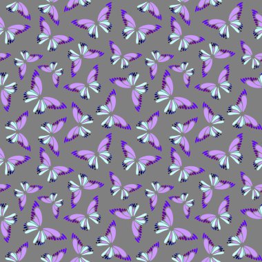 Gri arkaplan, doku, tasarım üzerinde mavi-menekşe dekoratif kelebeklerin kusursuz deseni