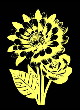 Siyah arka planda bir buket çiçeğin sarı grafik çizimi, tasarım