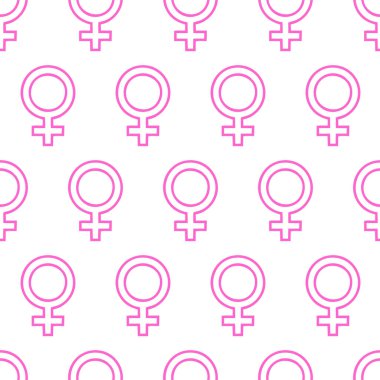 Beyaz arkaplan ve dokuda pembe cinsiyet simgelerinin pürüzsüz deseni