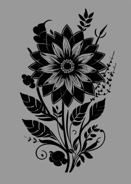 Gri arkaplanda bir buket çiçeğin siyah grafik çizimi, tasarım, sanat
