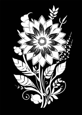 Siyah arka planda bir buket çiçeğin beyaz grafik çizimi, tasarım