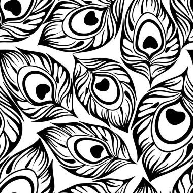 seamless contour pattern of black peacock feathers on a white background, texture, design
