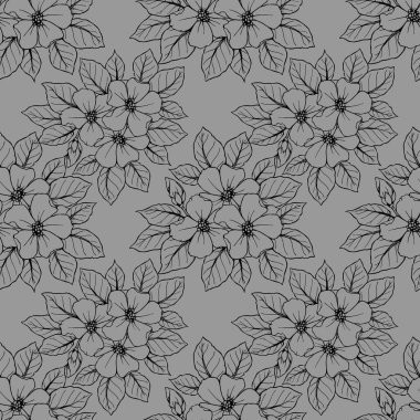 seamless contour pattern of large black flowers on a gray background, texture, design