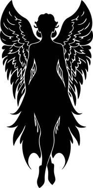 Kanatları, logosu ve tasarımı olan doğrusal siyah melek kadın.