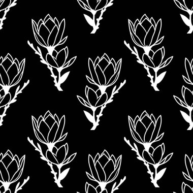 Siyah arkaplan, doku, tasarım üzerinde beyaz manolya çiçeklerinin kusursuz simetrik deseni