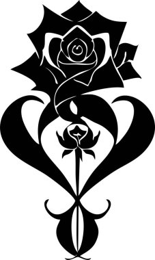 Beyaz zemin üzerinde bir gül çiçeğinin siyah grafik çizimi, izole element, dekor